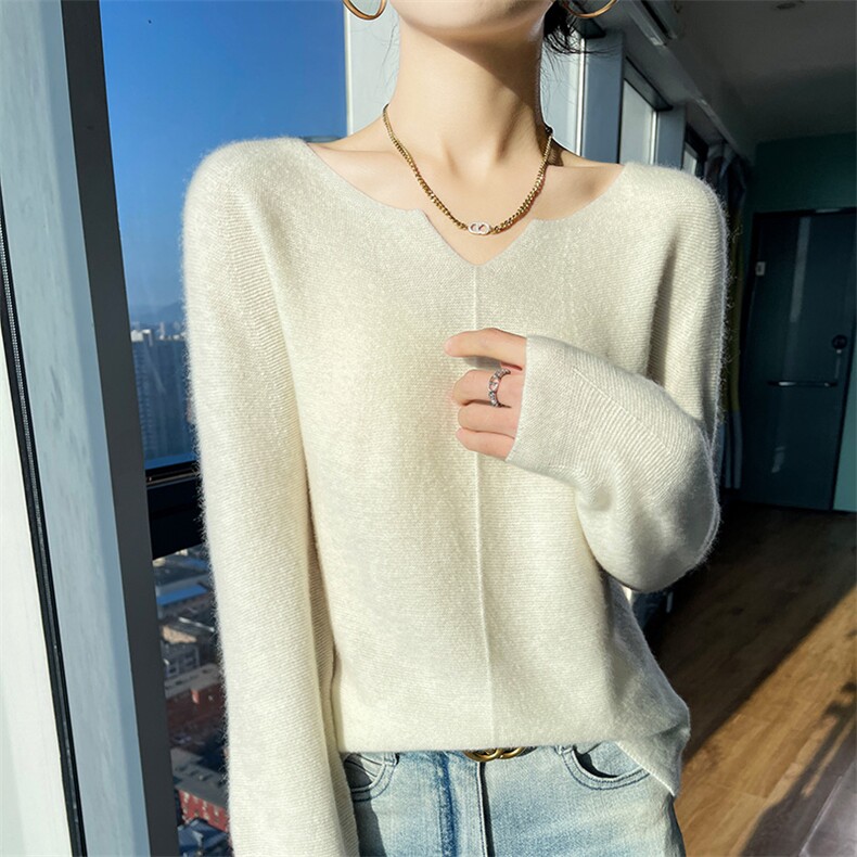 秋冬新款纯色V领衫女套头提花毛衣100羊毛针织减龄百搭打底衫，女装羊毛衫，魅途羊绒