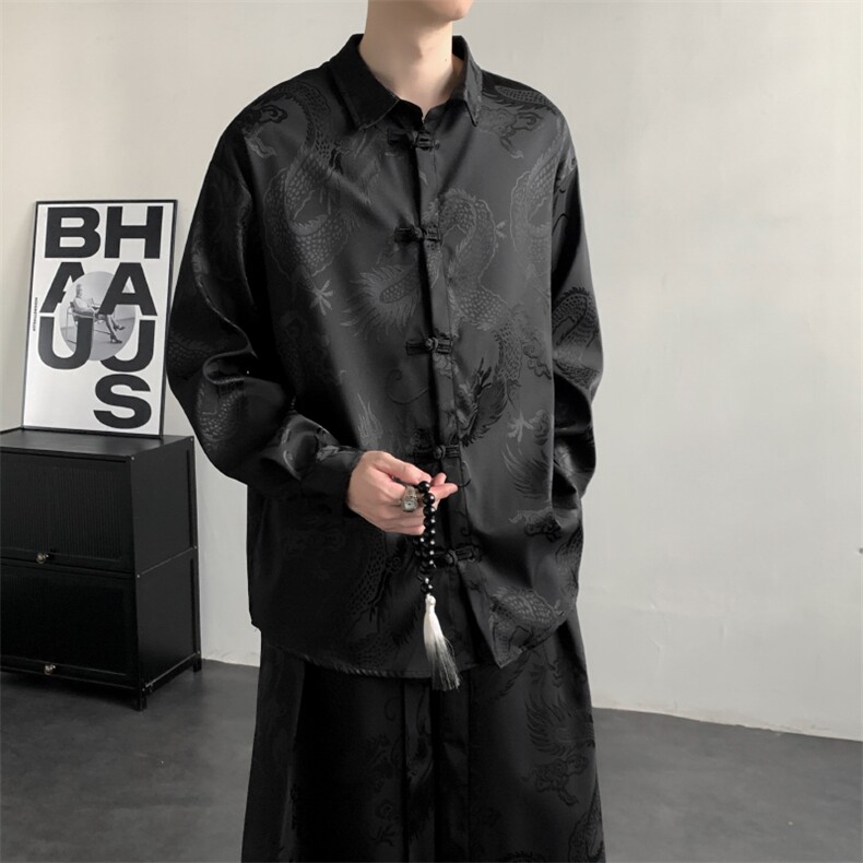 2025秋冬新款龙纹长袖衬衫外套厚款新中式盘扣唐装汉服2536-P60,男装衬衫,电商A057