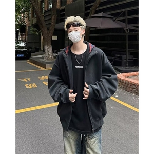 秋季潮牌纯色开衫连帽卫衣男外套韩版潮流百搭休闲港风拉链上衣服,东南亚穿搭微胖上衣图片
