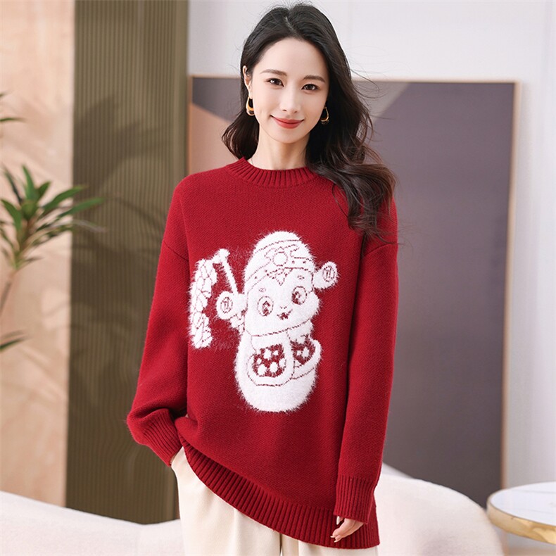 现货圣诞穿搭新年红色毛衣秋冬季加厚大码显瘦宽松针织衫正肩上衣，女装针织衫/毛衣，然然