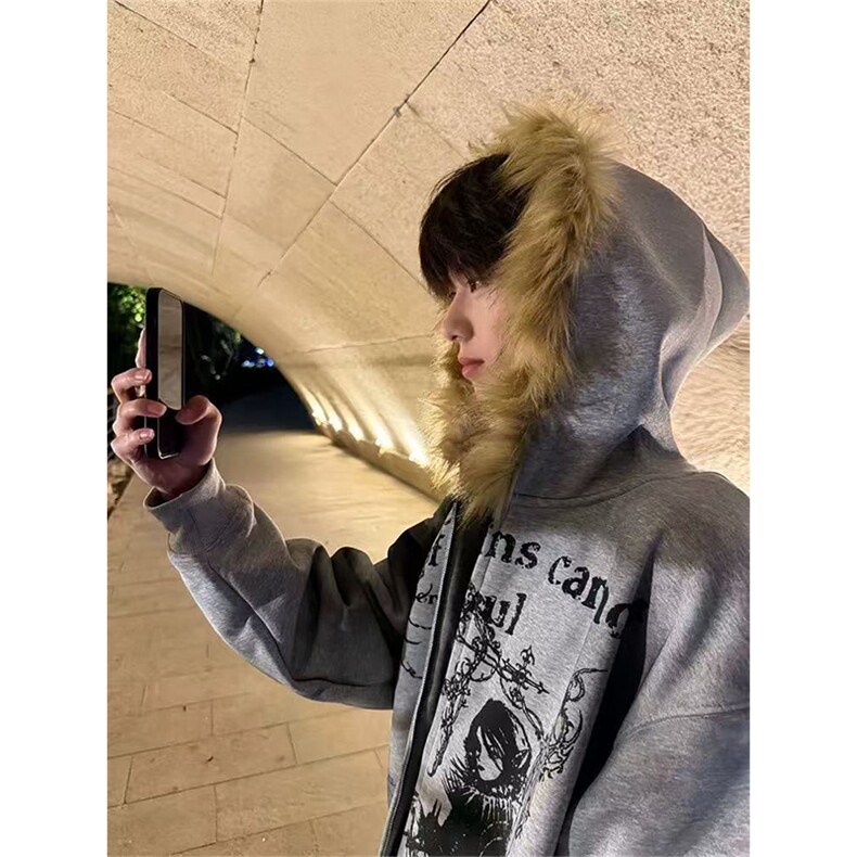 网图有货美式复古毛领拉链开衫涂鸦印花连帽卫衣男女A1281-P66,男装卫衣,星座1505