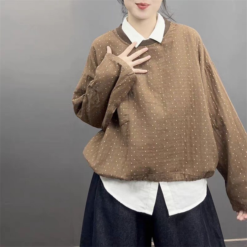 2025舒适百搭简约圆领波点提花棉纱小衫,女装衬衫,湘姗