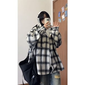 特批45 数据款港风连帽格子衬衫宽松外套男女百搭格子外套CS2399图片
