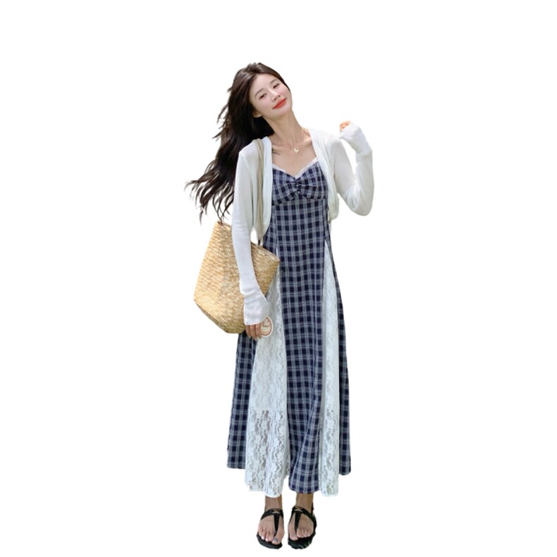 绝美蕾丝拼接格子吊带披肩吊带连衣裙女夏季2025新款超火爆款流行,女装套装/套裙,2C269