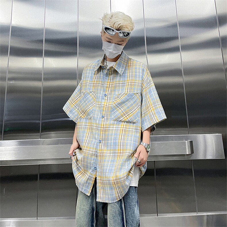 格子衬衫男士韩版潮流短袖痞帅文艺2024夏季新款ins外套CY773-P32,男装衬衫,星座412-2