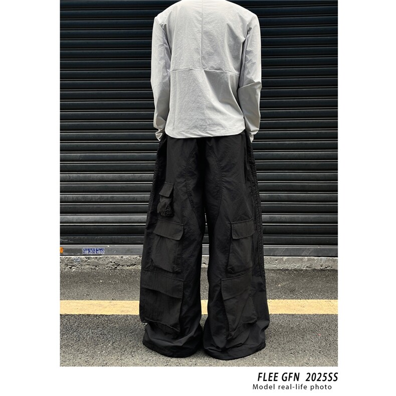 美式复古条纹拼接多口袋伞兵工装裤男女褶皱宽松阔腿裤,女装休闲裤,星座1210-1