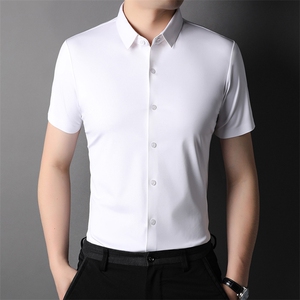 短袖衬衫男翻领纯色上衣服夏季中年男士商务休闲弹力半袖衬衣百搭图片