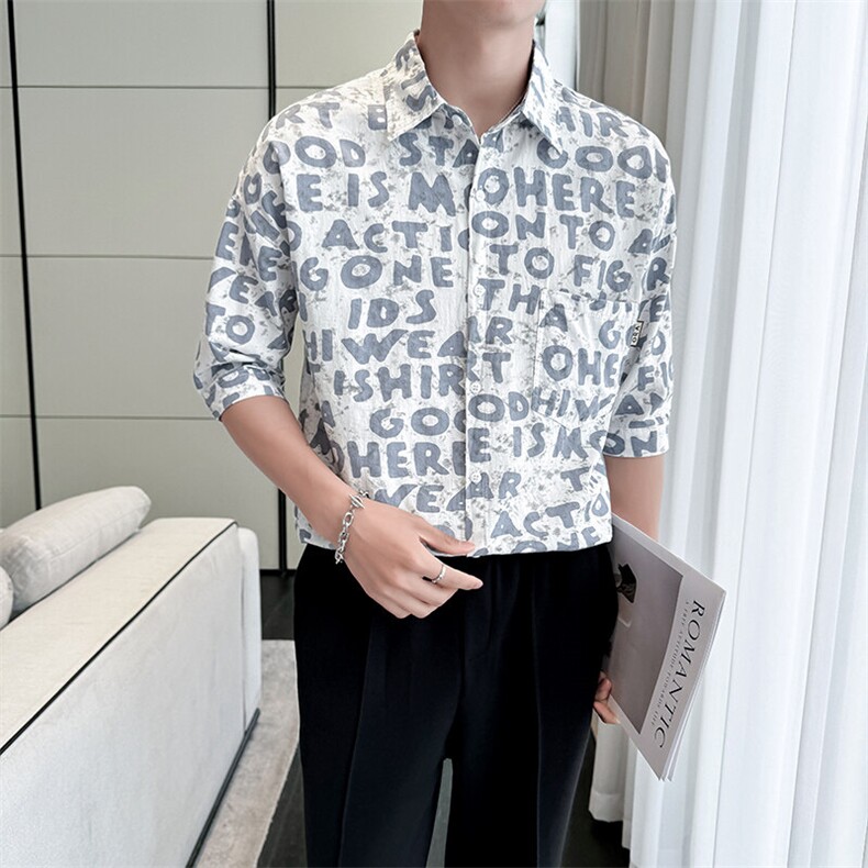 2025春季新款衬衫男士夏季七分袖衬衫印花棉质上衣男901-C39P58,男装衬衫,星座901