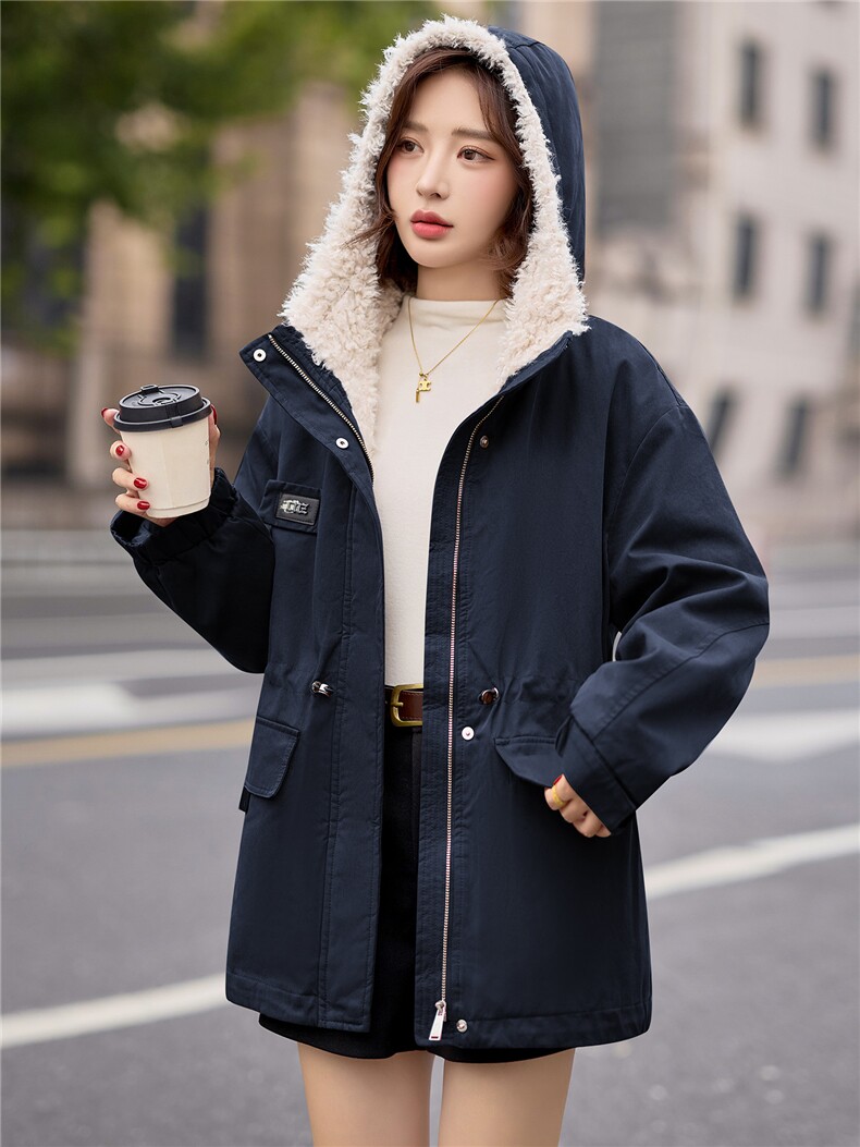 9115时尚加绒加厚中长款派克服,女装派克服,依路服饰