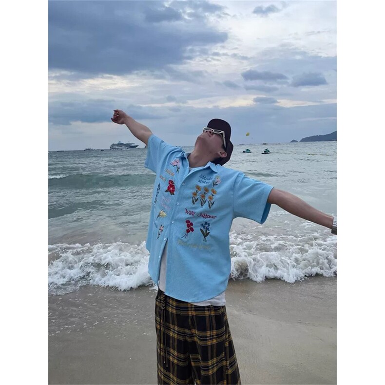 网图有货美式华夫格彩色花卉刺绣短袖衬衫男女宽松衬衣A708-P40，男装衬衫，星座1505