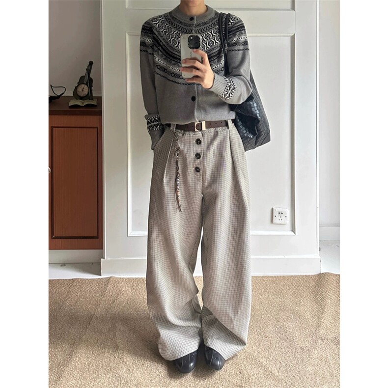 网图有货千鸟格复古打褶排扣a字阔腿老钱休闲西裤男女A1064-P38，男装西裤，星座1505