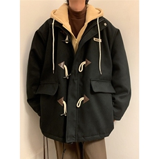 EQ160冬季呢大衣男假两件牛角扣撞色毛呢外套小众设计感棉衣P148，男装毛呢大衣，电商C306-1