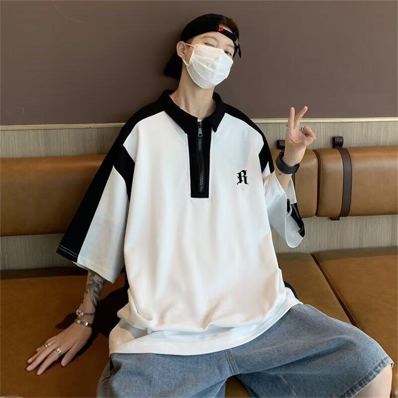 美式polo衫短袖t恤男夏季新款bf宽松拼接情侣上衣1008-WLC233-P40,男装T恤,星座1008