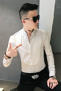 312A-836-P50新款立领纯色修身衬衫男发型师网红夜场工装衬衫-首5图片