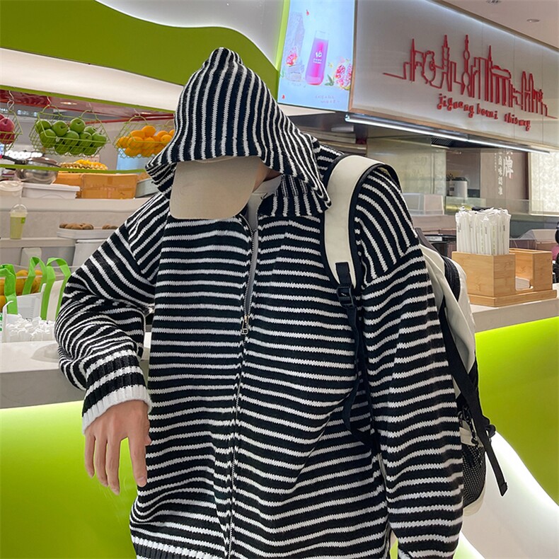高品质秋款男连帽毛衣条纹拼接针织衫拉链夹克外套M5654 P65图片