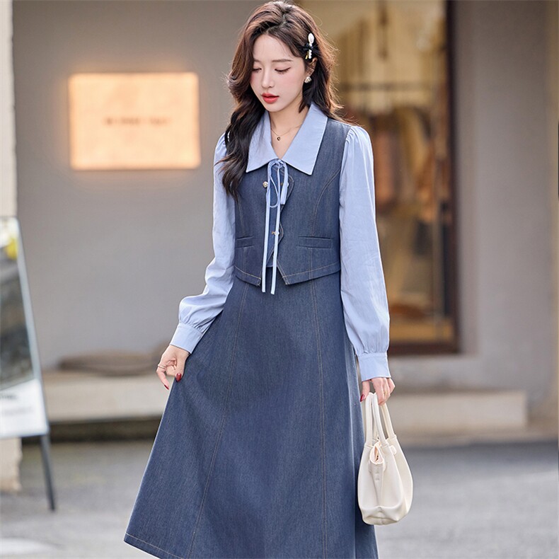 牛仔拼接假两件连衣裙高级感女春季2025新款法式小众气质显瘦长袖,女装连衣裙,凯瑟曼