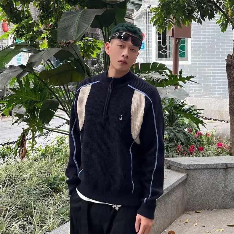 韩版潮男长袖半拉链polo翻领针织衫加厚套头拼接宽松纯色毛线上衣,男装Polo衫,四季星座505