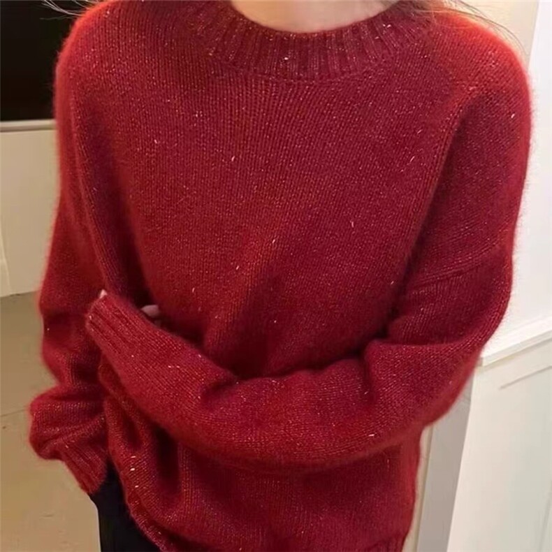 太GAO级了！红色亮丝羊毛衫圆领毛衣女冬季慵懒厚针织上衣,女装羊毛衫,梵泰羊绒