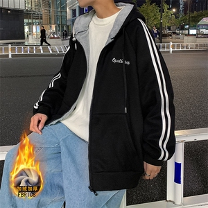 冬季新款加绒加厚开衫连帽卫衣潮流大码宽松外套男装WY668P58图片
