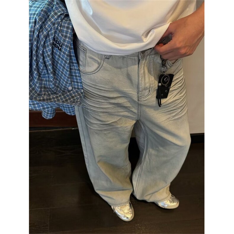 美式复古阔腿牛仔裤男春季新款高腰宽松显瘦百搭直筒拖地裤子图片