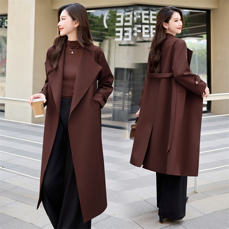 欧货正品一口价女2024秋冬英伦风中长款宽松百搭收腰系带翻领风衣，女装风衣，时尚俏佳人