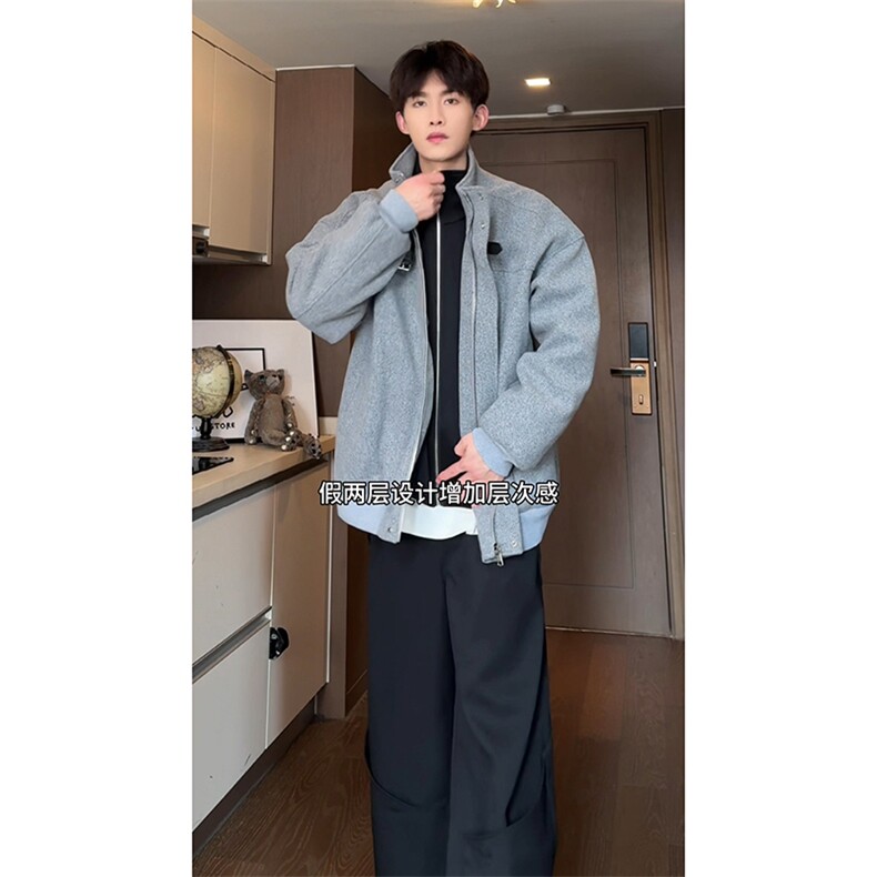 复古立领呢料夹克男女同款宽松潮牌休闲夹棉加厚外套HY677TP105,男装夹克,电商A102B