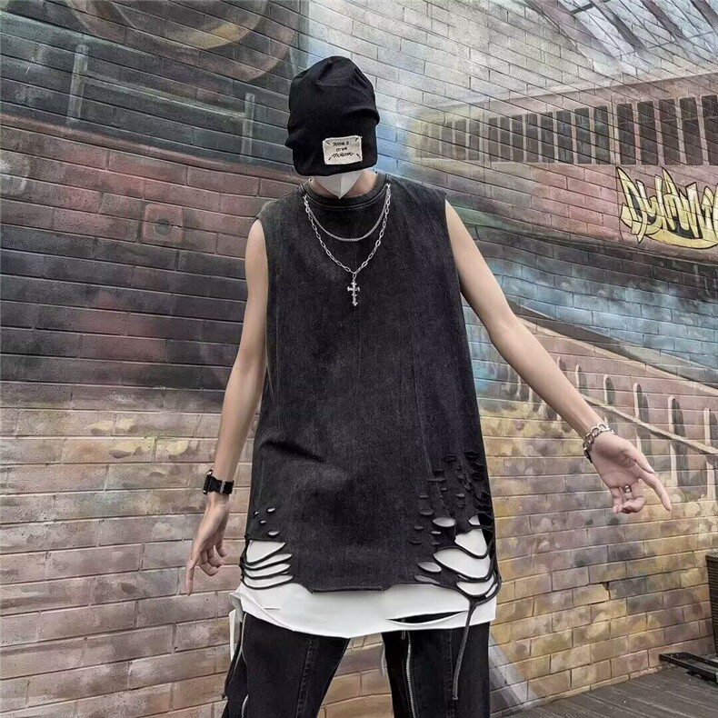 夏季水洗复古纯棉背心男下摆破洞外穿高街潮牌嘻哈hiphop无袖T恤，男装T恤，星座813-2