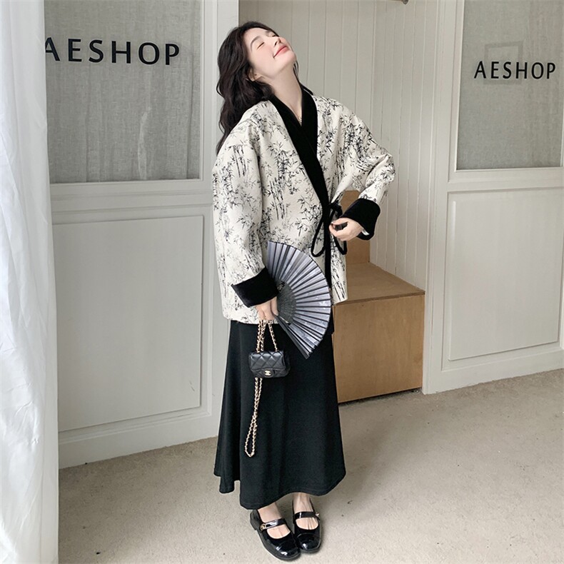 撞色新中式水墨印花外套女2025春秋季新款轻国风复古休闲显瘦上衣，女装大码女装，浙宝208