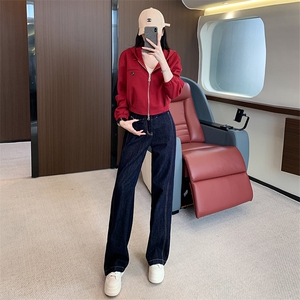 女秋季短款开衫卫衣阔腿牛仔裤两件套图片