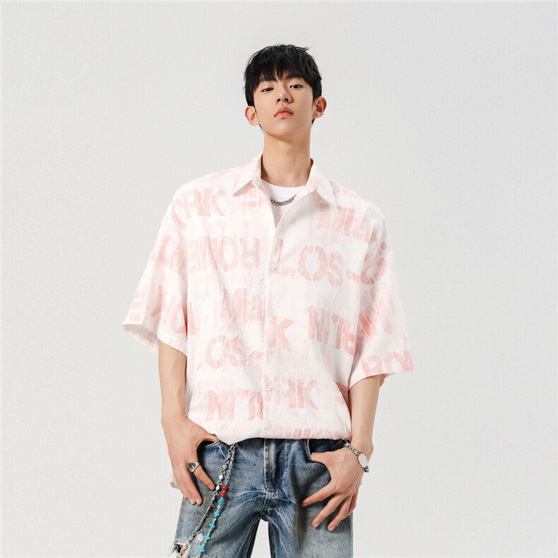 现货2026夏印花压皱面料设计款英文字母韩版帅气清凉衬衫C229-P45，男装衬衫，电商A170