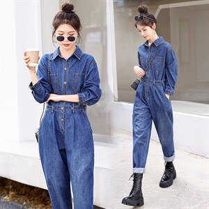 时尚显瘦牛仔连体裤女宽松高腰长袖工装裤，女装连体裤，秋水欣儿