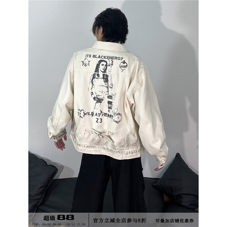 秋新款做旧脏染复古翻领牛仔夹克印花宽松夹克外套男女HH8971 P74图片