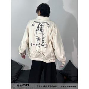 秋新款做旧脏染复古翻领牛仔夹克印花宽松夹克外套男女HH8971 P74图片