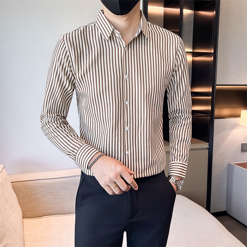咖 2025男士秋冬新款条纹修身衬衫男衬衣301A-1/CS459/P55 控75图片