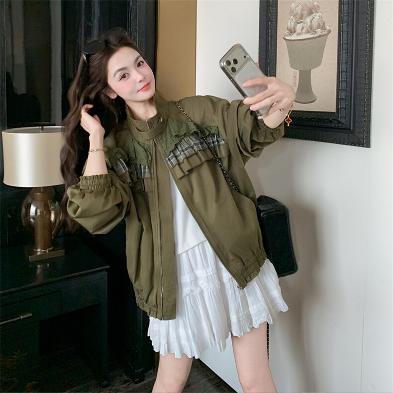 新品蕾丝格纹拼接绿色短外套2C158-6036-P150-K248,女装短外套,2C158