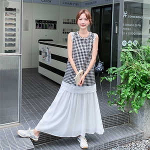 蕾丝拼接格子无袖背心上衣套装裙女2025夏季新款白色半身裙两件套图片