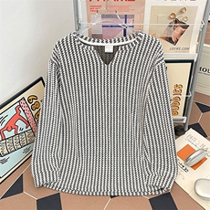 美式高街千鸟格子长袖T恤男女亨利V领英伦雅痞休闲宽松长袖打底衫，男装T恤，电商A443