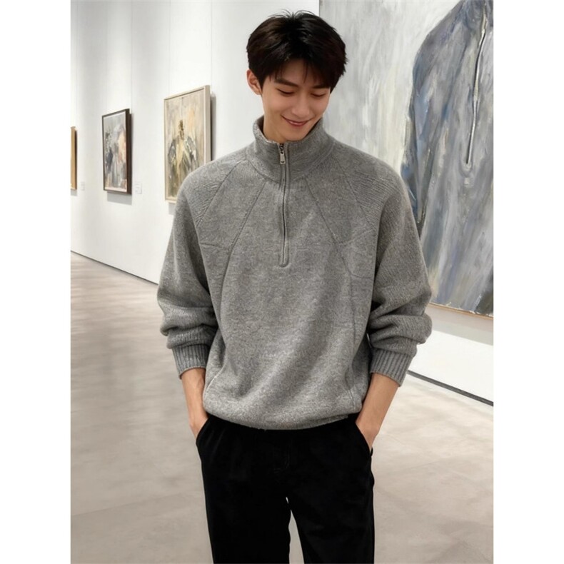 半拉链拼接设计针织衫男款基础百搭打底衫慵懒风松弛感毛衣M690图片