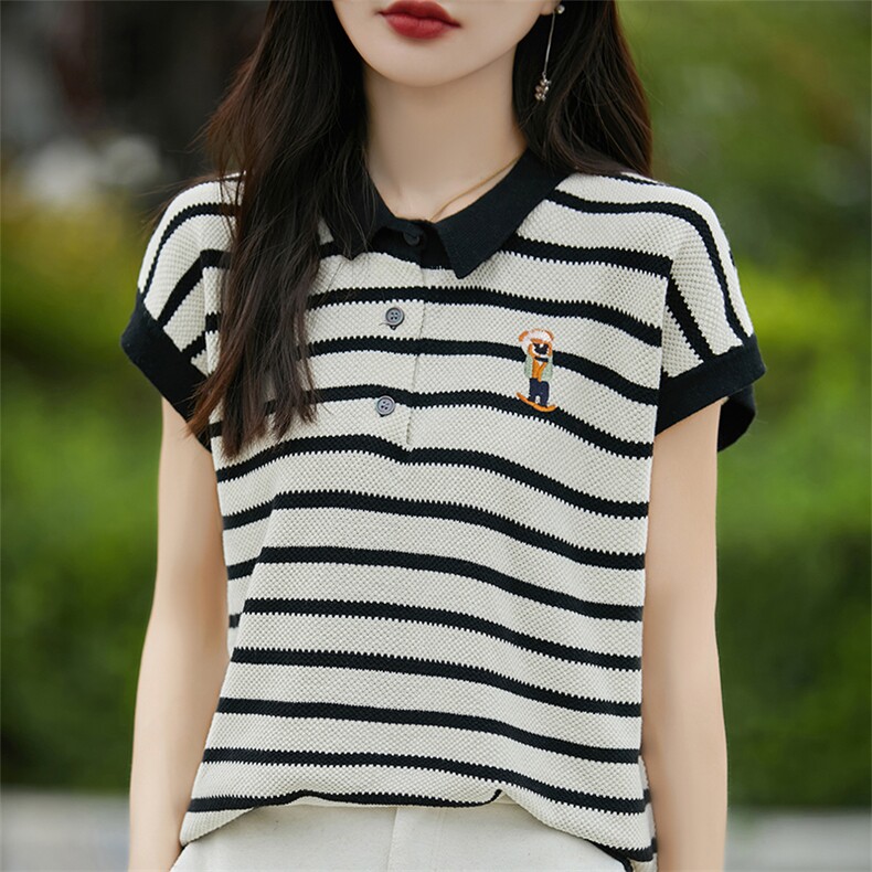 条纹短袖T恤女2025新款特大码女装夏季POLO领宽松薄款冰丝针织衫图片