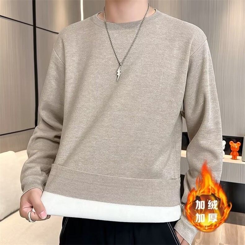 毛衣男冬季宽松加绒加厚纯色圆领可机洗一体绒针织打底衫男,男装针织衫/毛衣,星座1210-1