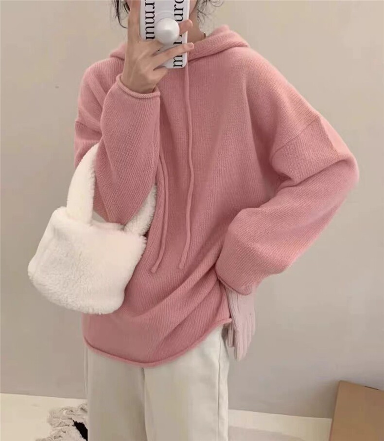 秋季羊绒衫女连帽卫衣套头带帽宽松帽衫纯色羊毛针织衫打底衫韩版,针织衫/毛衣,冀清阳荣