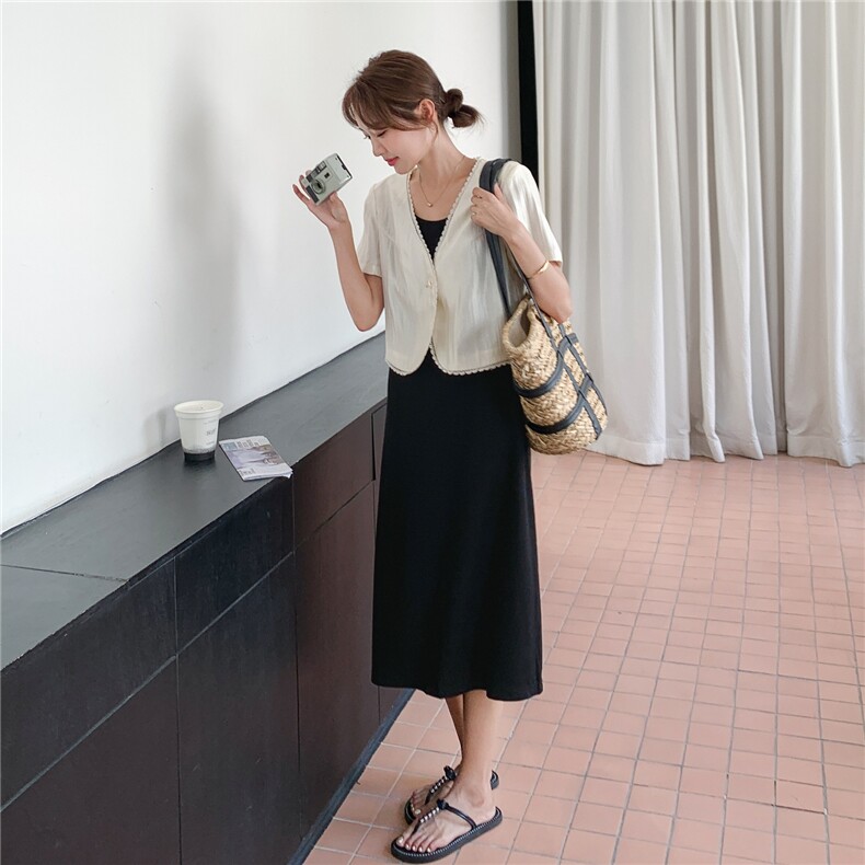 高级感外套背心连衣裙两件套女2025夏季新款韩系显瘦开衫长裙套装,女装套装/套裙,2C307