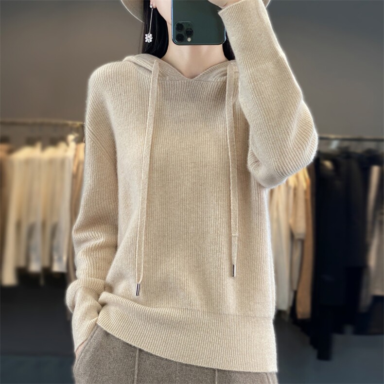 秋100羊毛衫连帽针织套头卫衣女宽松慵懒元宝针带帽打底帽衫，女装羊毛衫，邦太羊绒
