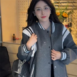 春百搭外套灰色复古学院风设计感拼接棒球服小众秋冬保暖开衫图片