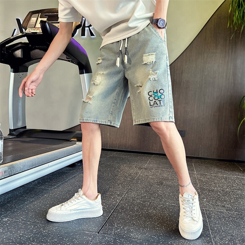 2025新款夏季水洗牛仔短裤男士破洞印花休闲五分裤潮男901N20P38,男装牛仔裤,星座901