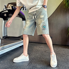 2025新款夏季水洗牛仔短裤男士破洞印花休闲五分裤潮男901N20P38，男装牛仔裤，星座901