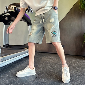 2025新款夏季水洗牛仔短裤 男士破洞印花休闲五分裤潮男901N20P38图片