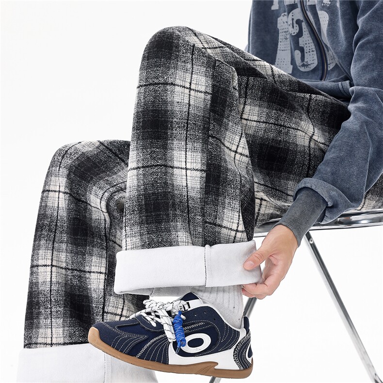 羊毛格子裤复古大码加厚毛呢休闲长裤直筒阔腿裤LK509特P45加绒55，男装卫衣，电商B215