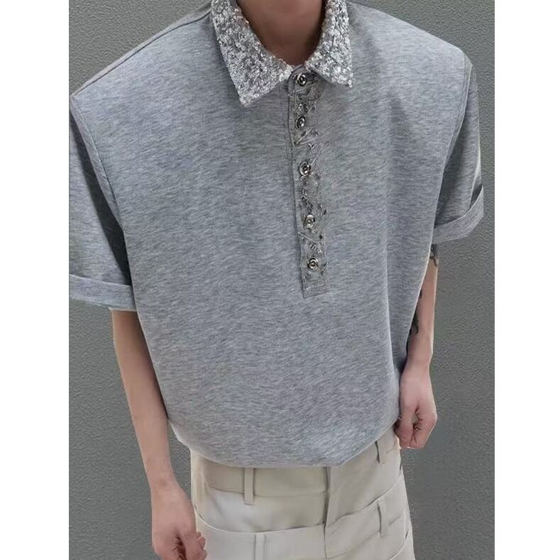 美式复古小众重工亮片方领短袖别针设计感宽松POLO衫T恤男装上衣,男装Polo衫,星座601-1