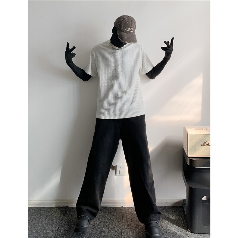 肌理感条纹短袖T恤夏季美式潮牌纯色cleanfit宽松学院风半袖体恤，男装T恤，电商A233-1